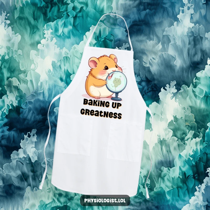 Funny hamster apron showing a happy hamster closely inspecting a magnified image on a screen, designed for humorous kitchen precision.