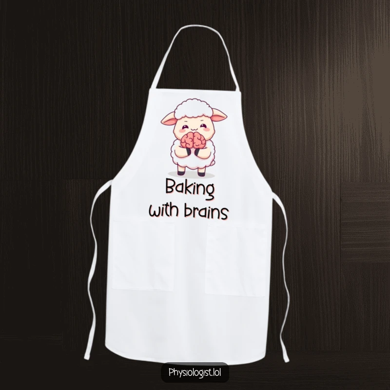 Funny apron showing a sheep giggling while holding a small animated brain, a humorous kitchen accessory for culinary fun.