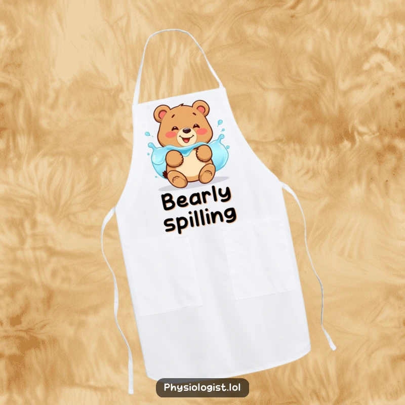 Funny bear fluid balance apron showing a smiling bear jiggling with wobbly blue liquid, for humorous kitchen science.