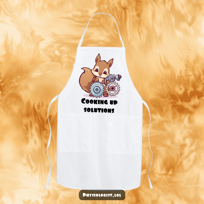 Funny apron graphic of a determined squirrel character carefully adjusting spinning gears, perfect for humorous kitchen wear and aspiring inventors.