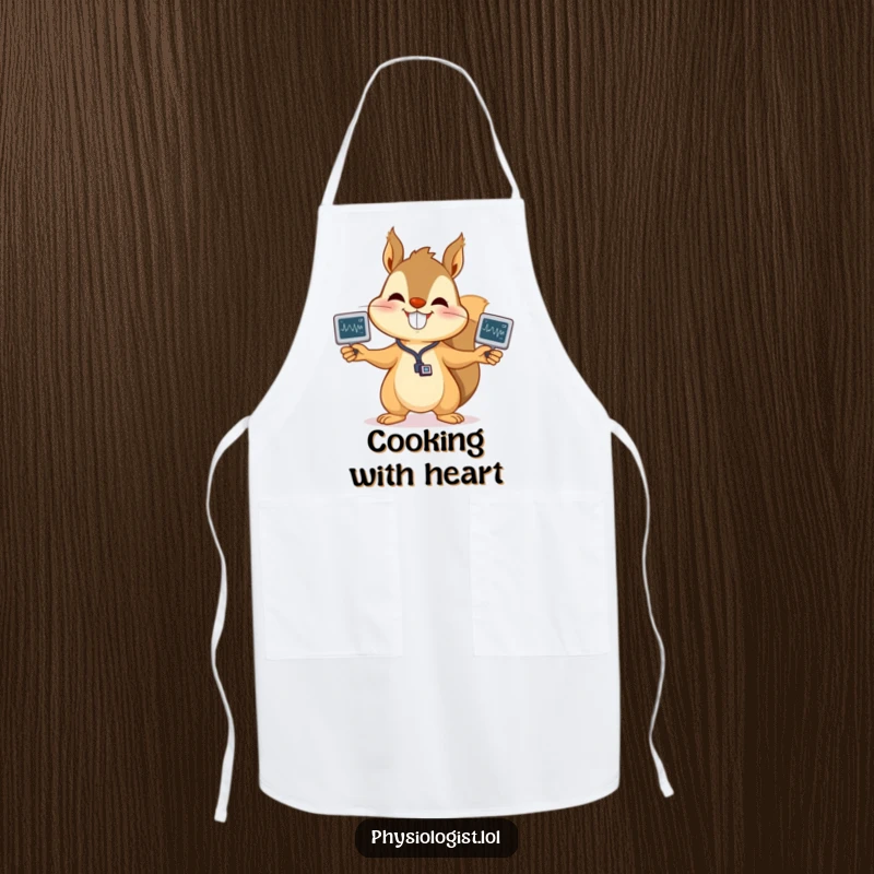 Funny squirrel EKG apron featuring a happy squirrel juggling EKG readouts, perfect for culinary adventures with a healthy dose of humor, a great gift.