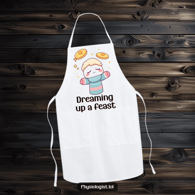 Funny apron depicting a drowsy sock puppet character fantasizing about a delightful breakfast of flying pancakes while in the kitchen, a humorous kitchen accessory.