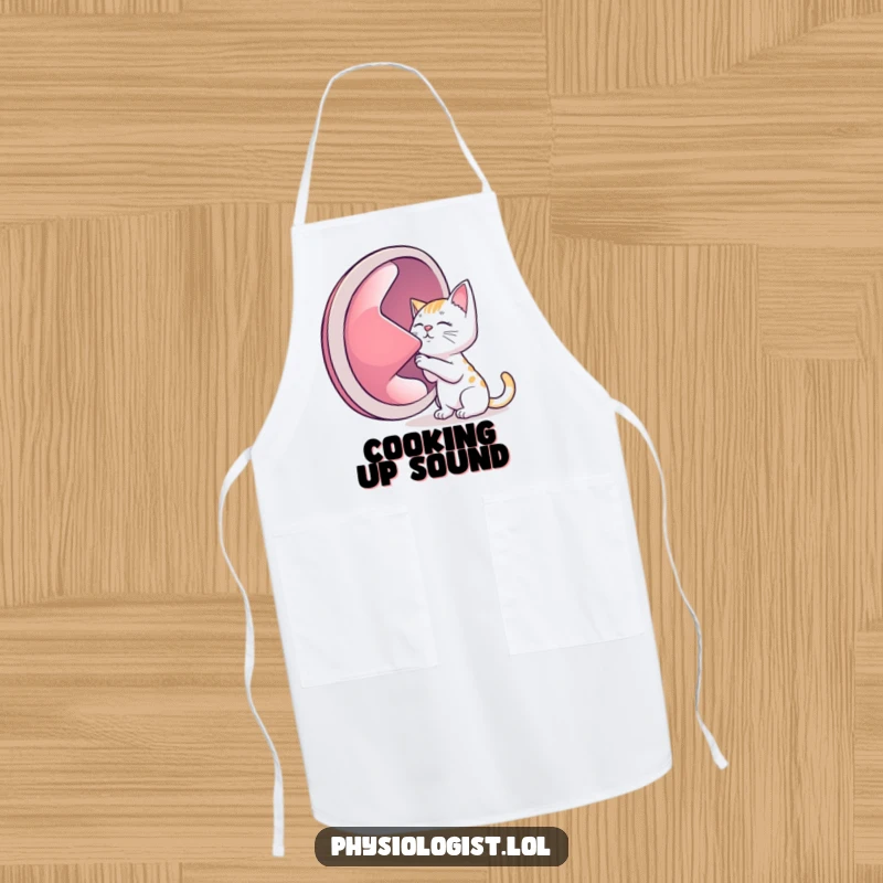 Funny kitchen apron, a cat with a giant lung, designed to bring humor to cooking sessions.