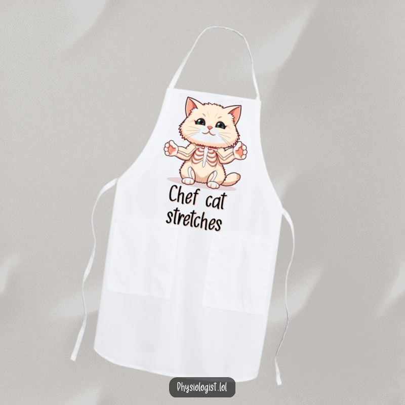 Funny cat muscle apron showing a fluffy cat stretching its paws to illustrate muscle diagrams, for humorous kitchen workouts.