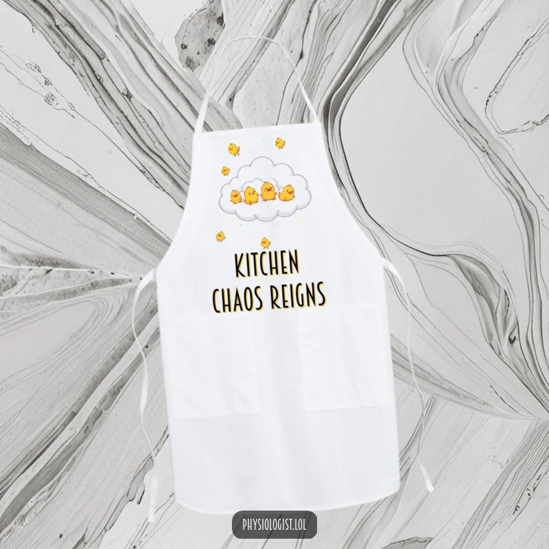 Funny cloud raining tiny rubber chickens, featured on an apron, adding whimsical humor to kitchen activities.