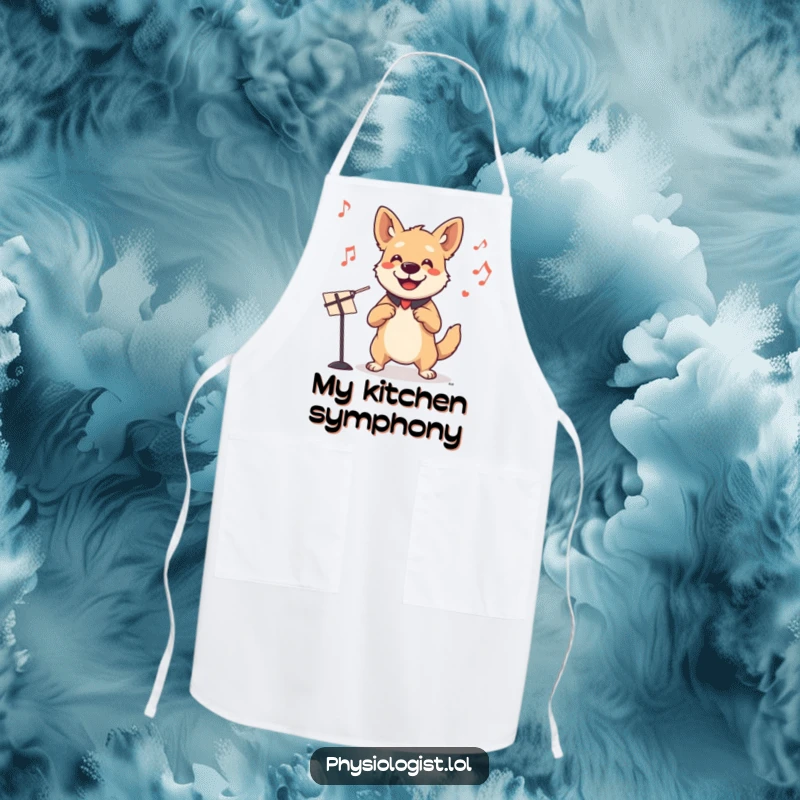 Funny dog conductor apron featuring a smiling dog leading an invisible orchestra in a kitchen setting, perfect for culinary maestros.