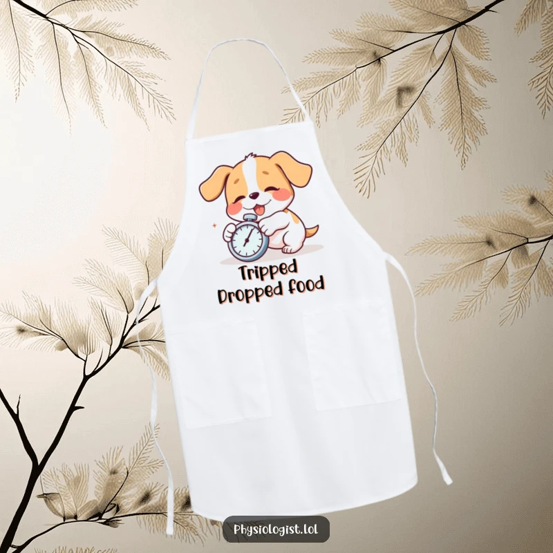 Funny dog tripping, apron design, comical kitchen mishap. A humorous funny gift for cooks.