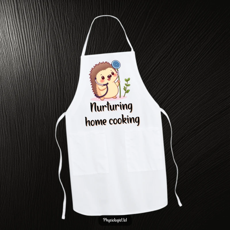 Funny apron depicting a cheerful hedgehog using a giant stethoscope on a tiny plant sprout for garden humor.