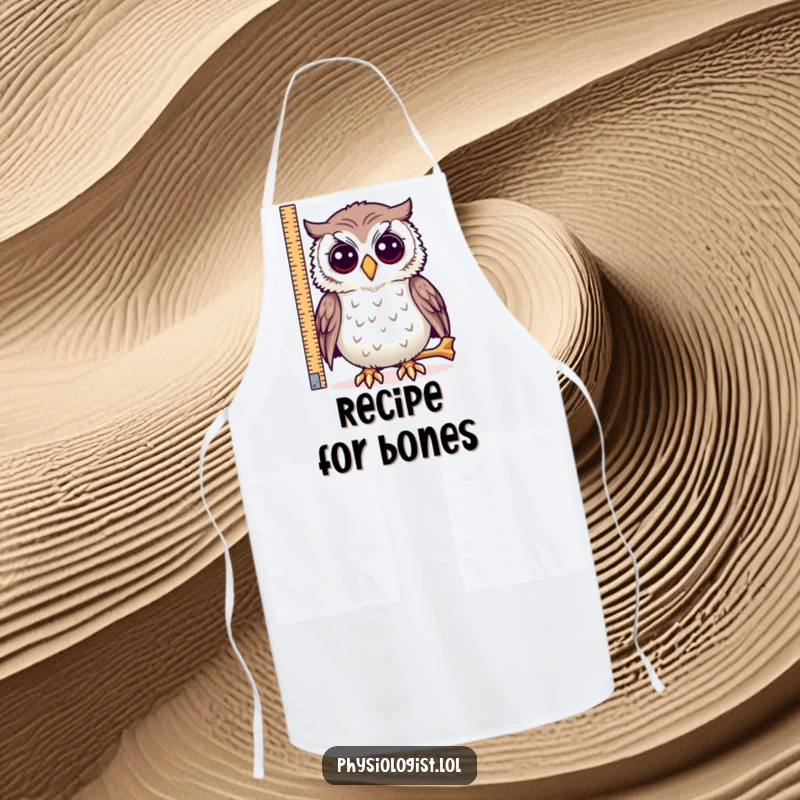 Funny kitchen apron, a curious owl measuring a very long bone, for humorous cooking adventures.