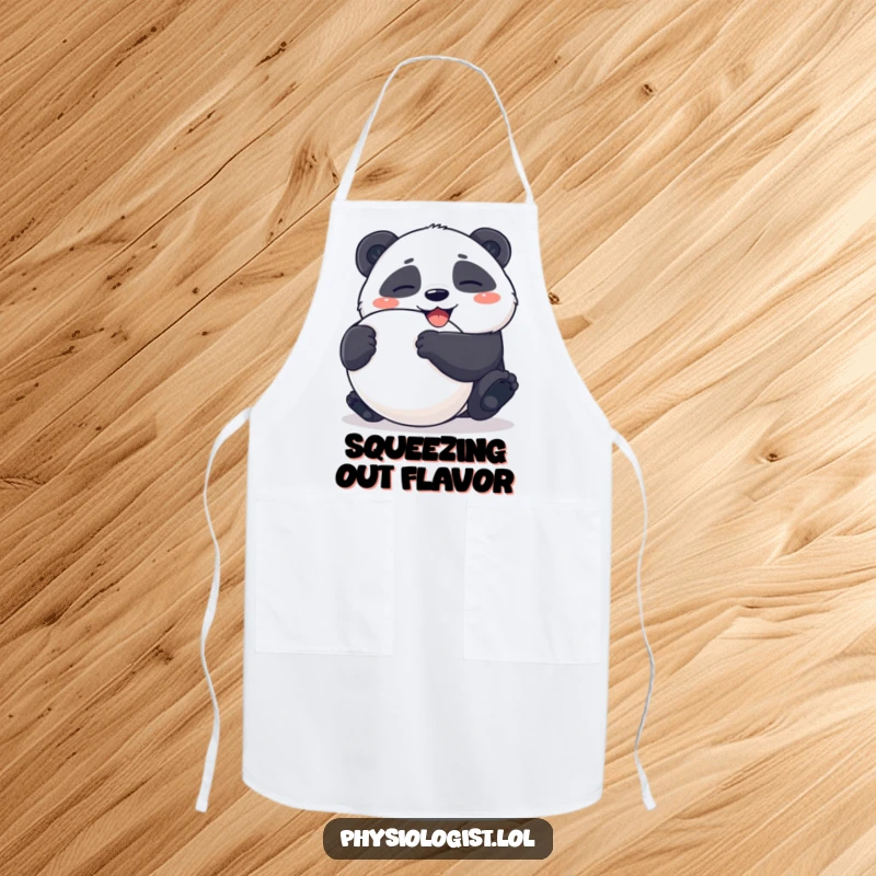 Funny Apron: Giggling panda character squeezing an ambiguously shaped stress ball while cooking, adding kitchen comedy.