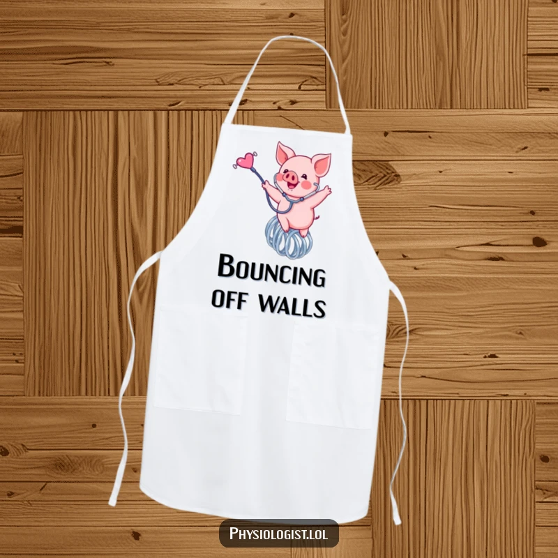 Funny piglet apron, a happy pink piglet bounces on a spring with a stethoscope, a humorous cooking accessory.