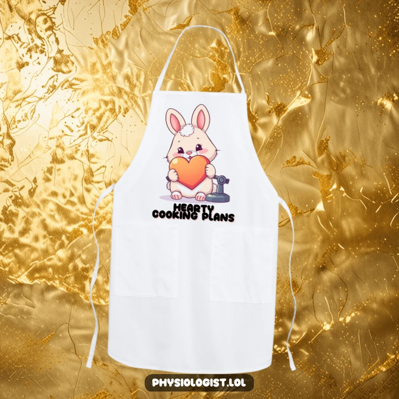 Funny apron showing a fluffy rabbit examining a big, colorful heart under a microscope for kitchen fun.