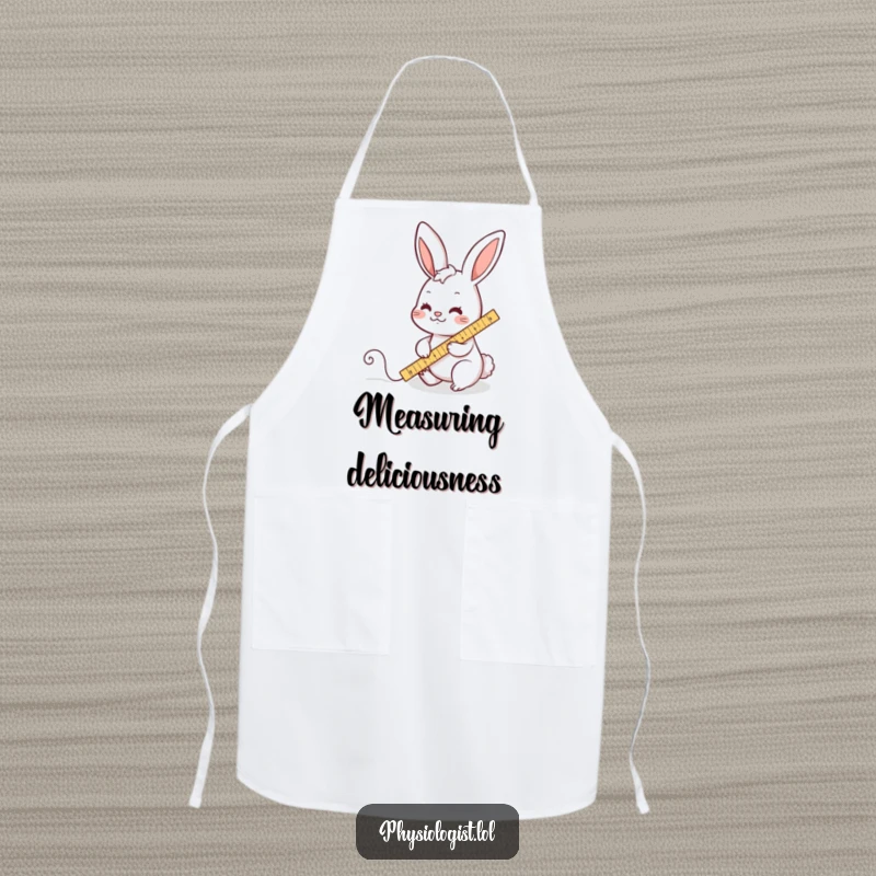 Funny apron graphic of a busy rabbit character diligently measuring a wiggly line with a ruler, perfect for humorous kitchen wear.