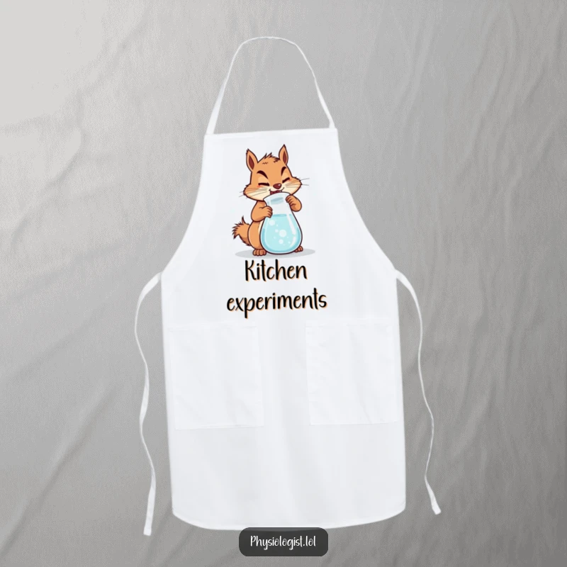 Funny Squirrel Apron showcasing a determined squirrel vigorously churning a beaker filled with bubbly liquid, perfect for kitchen experiments.