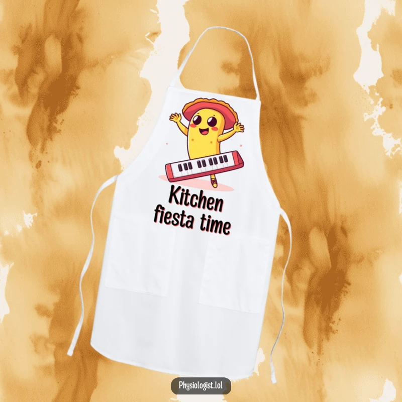 Funny taco dancing salsa on a giant keyboard, featured on an apron, adding humorous flair to cooking.