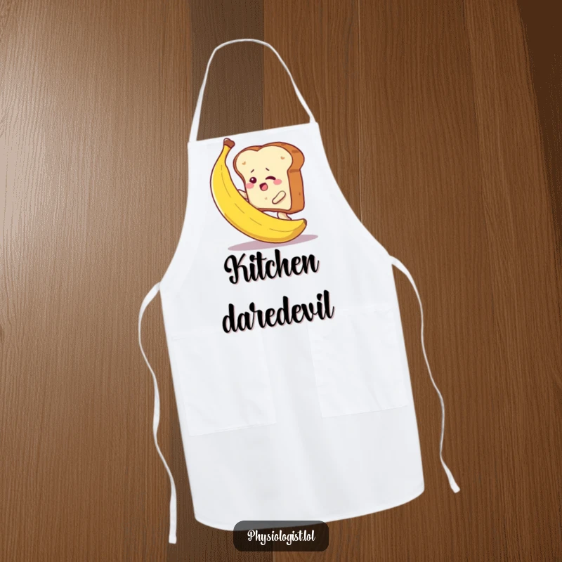 Funny toast determinedly climbing a banana, featured on an apron, adding humor and motivation to cooking tasks.