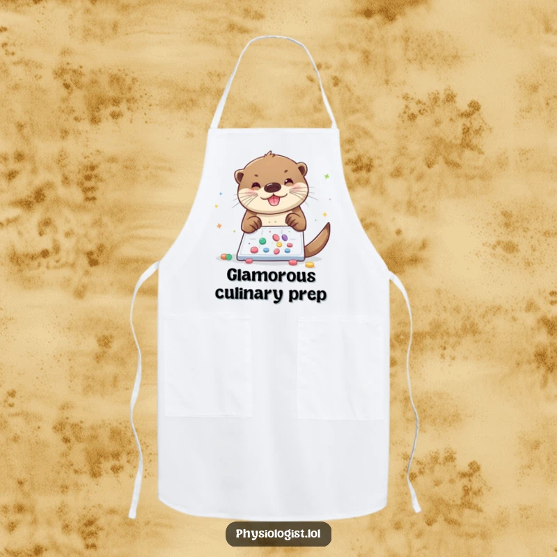 Funny otter apron, a cheerful otter sprinkles glitter and pills onto a microscopic slide, a humorous and magical kitchen accessory.