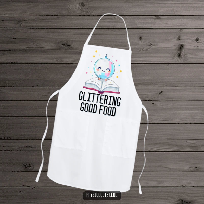 Funny apron with a disco ball shedding glitter onto a cookbook, combining kitchen practicality with a humorous and festive disco theme.
