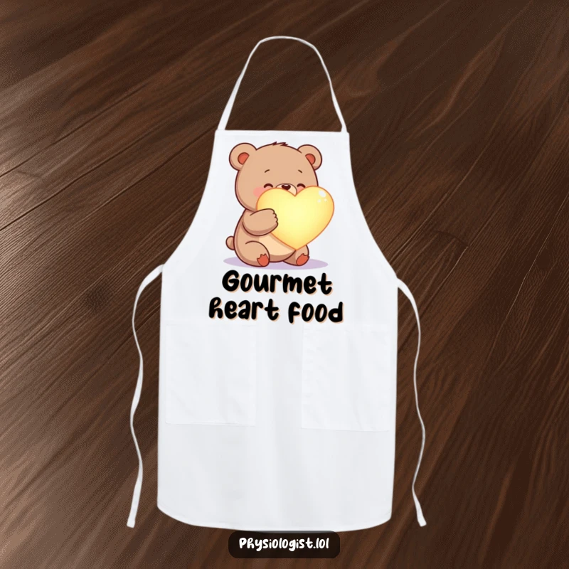 Funny happy bear apron, examining a glowing heart, perfect for kitchen duty with a loving twist.