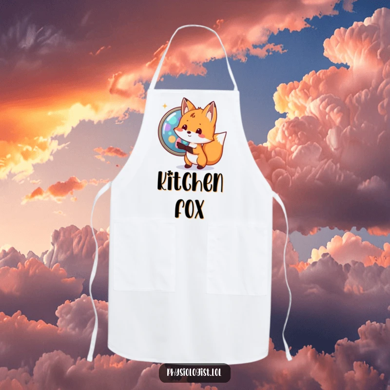 Funny fox biologist apron showing a small fox excitedly pointing to a magnified cell with bright, colorful organelles, for kitchen science.