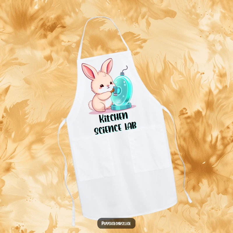 Funny bunny apron, a curious bunny taps a glowing cell model with a tiny hammer, a humorous science accessory.