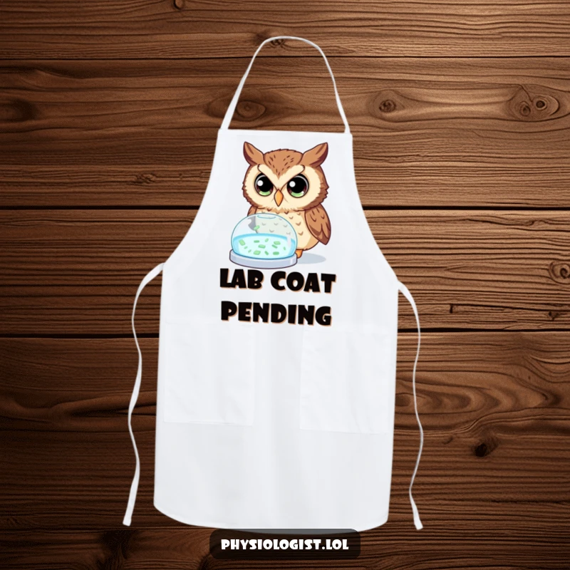 Funny owl apron showing a curious owl with wide eyes examining a glowing petri dish, designed for humorous culinary experiments.