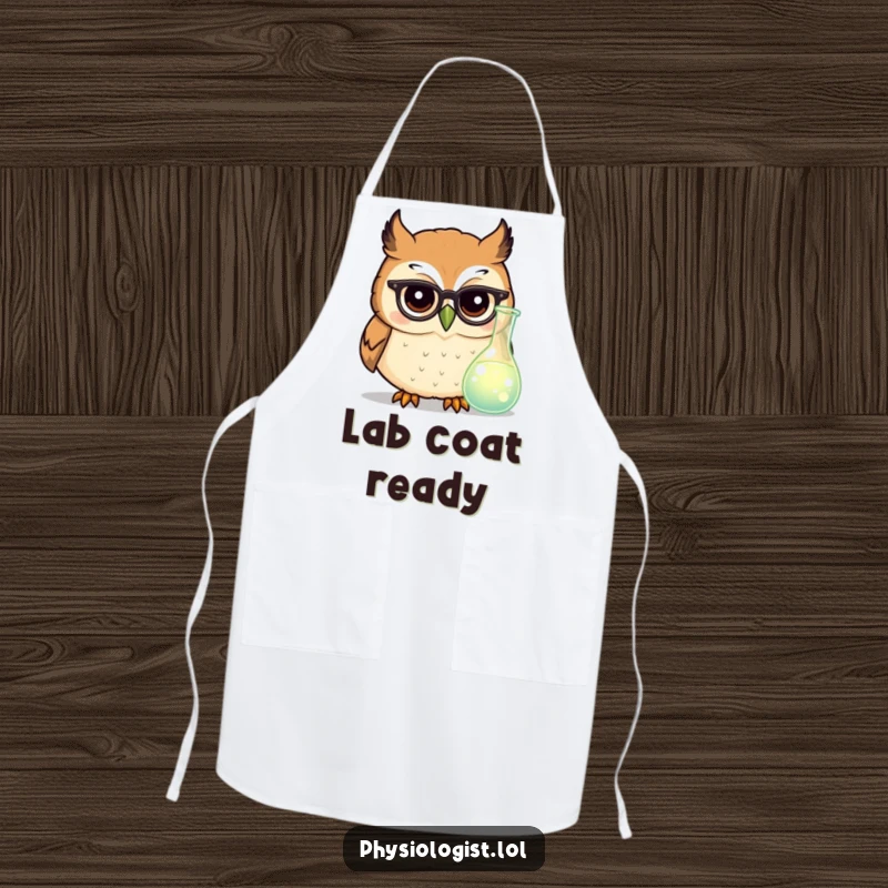 Funny owl scientist apron with a round owl in tiny glasses looking at a glowing beaker, ready for smart kitchen experiments.