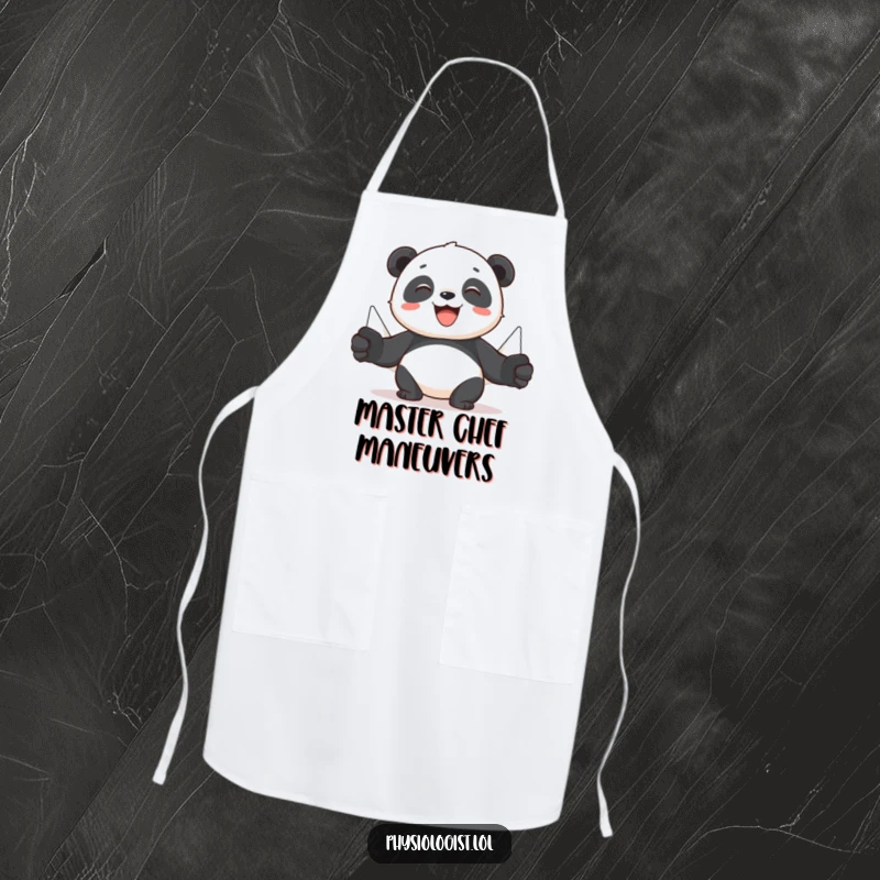 Funny panda apron showing a cheerful panda using puppets to demonstrate muscle movement, designed for humorous culinary workouts.