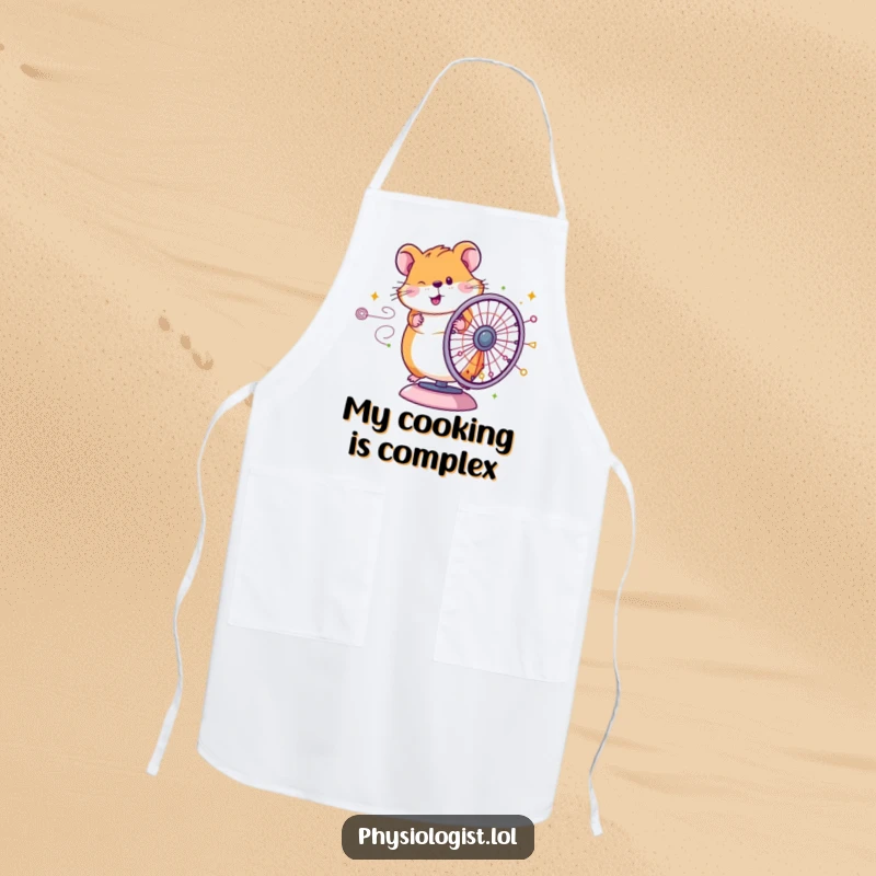Funny Hamster Chef Apron: Comical hamster spinning a diagram wheel in a kitchen setting, a humorous and practical cooking accessory.