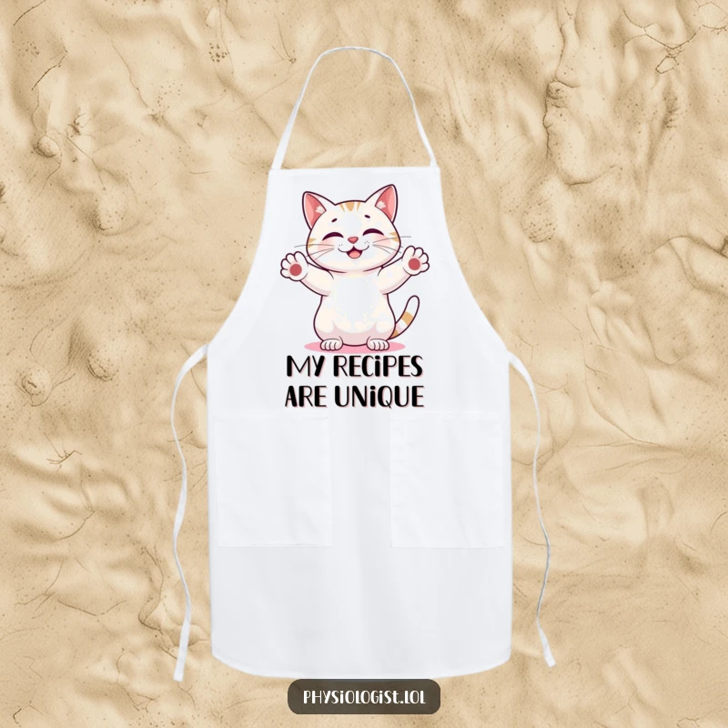 Funny Cat Chef Apron: Comical cat measuring an abstract shape in a kitchen setting, a humorous and practical cooking accessory.