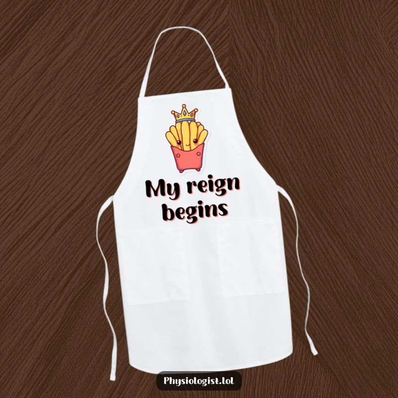 Funny french fry wearing a tiny crown, looking regal, featured on a durable kitchen apron.