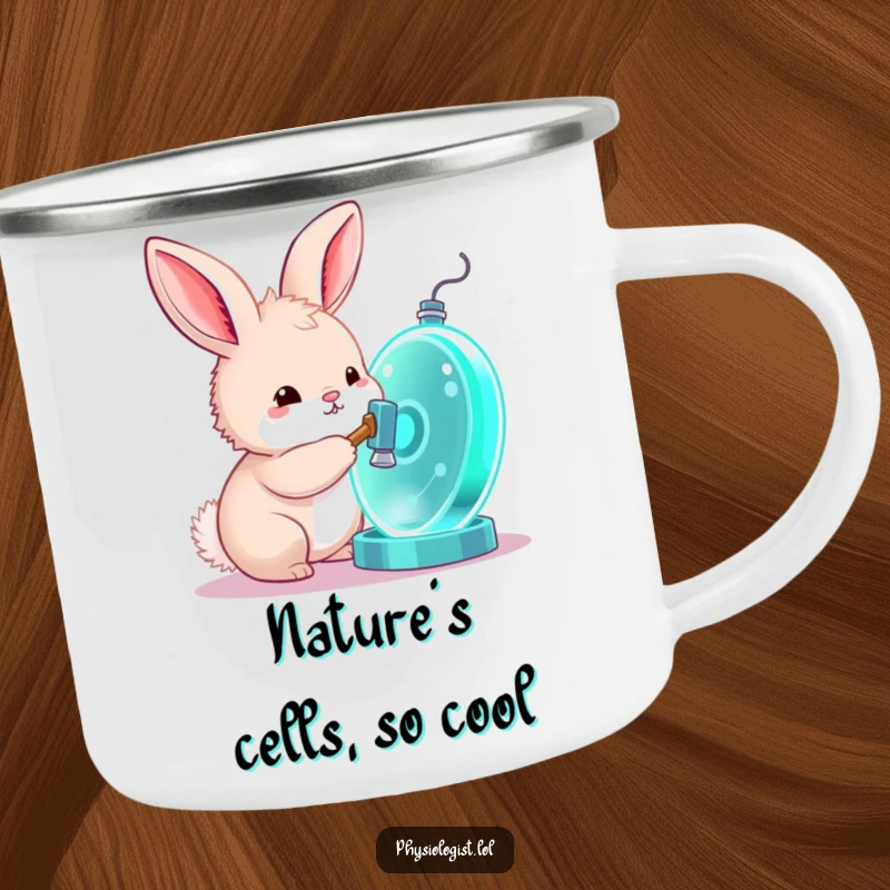 Funny bunny camping mug, a durable mug with a curious bunny tapping a glowing cell model, for scientific outdoor exploration.