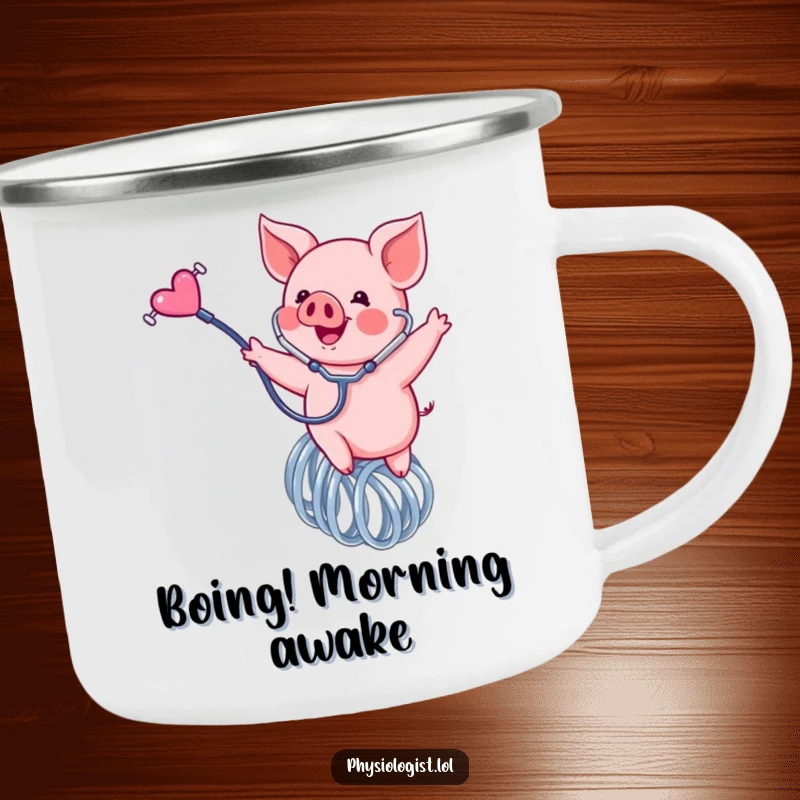 Funny piglet camping mug, a durable mug with a happy piglet bouncing on a spring holding a stethoscope, for outdoor fun.
