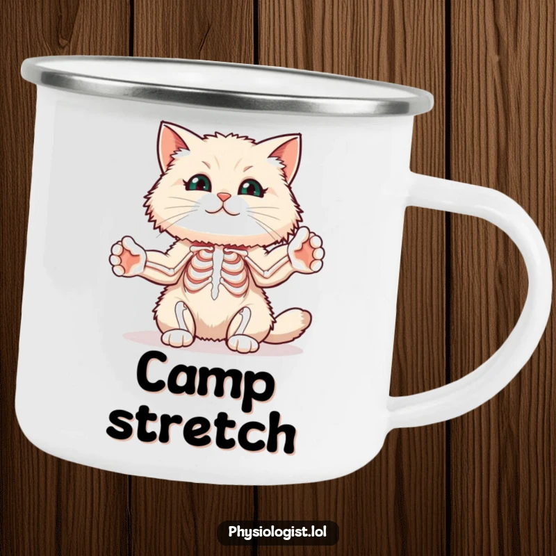 Funny cat muscle camping mug with a fluffy cat stretching its paws to illustrate muscle diagrams, for humorous outdoor fitness.