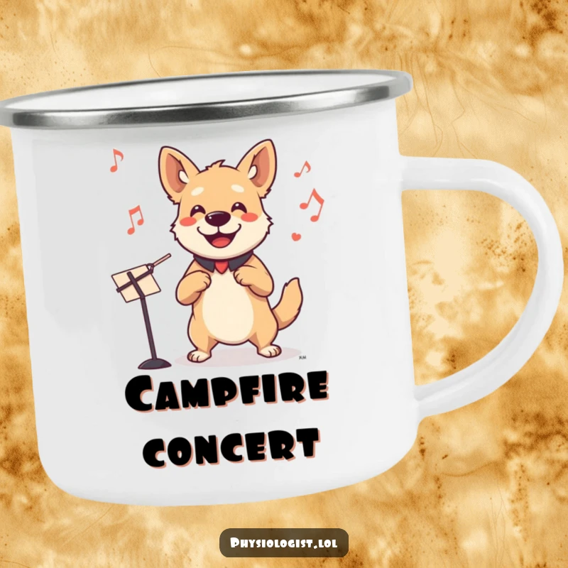 Funny dog conductor camping mug with a smiling dog leading an invisible orchestra, designed for outdoor adventures and cheerful hydration.