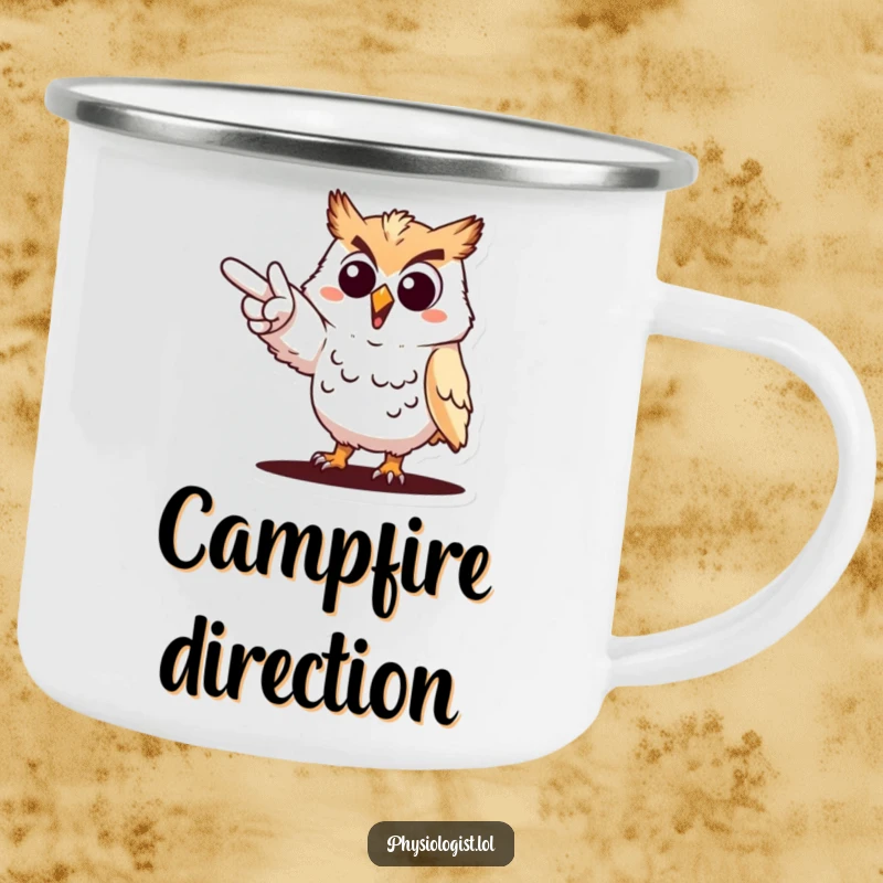 Funny cheerful owl pointing camping mug, an owl dramatically gesturing towards a goal, enamel for outdoor use.