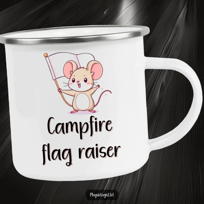 Funny mouse flag camping mug showing a tiny mouse hero waving a large, fierce flag, perfect for outdoor bravery and humor.