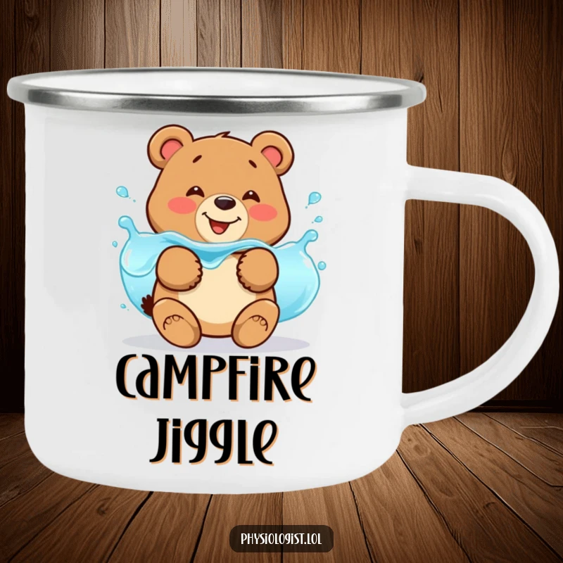 Funny bear fluid balance camping mug with a smiling bear jiggling with wobbly blue liquid, for humorous outdoor hydration.