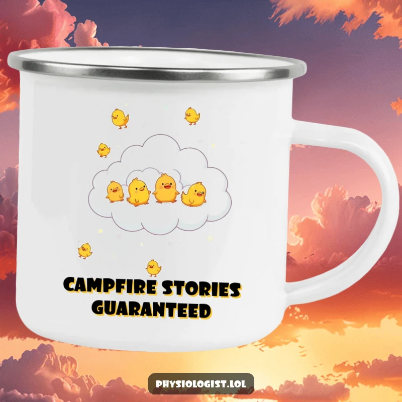 Funny fluffy cloud raining rubber chickens, on a camping mug, symbolizing humorous and whimsical outdoor experiences.