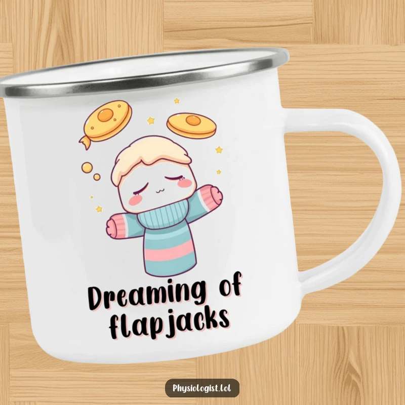 Funny camping mug displaying a drowsy sock puppet character enjoying a whimsical dream where pancakes take flight, perfect for sipping beverages outdoors.