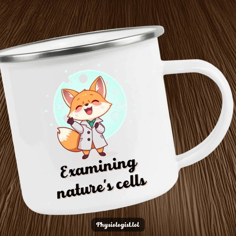 Funny tiny fox in a lab coat examining a giant glowing cell, ready for an adventure, a humorous camping mug.