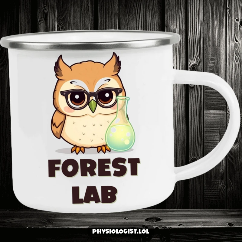 Funny owl scientist camping mug with a round owl in tiny glasses looking at a glowing beaker, for smart outdoor sips.