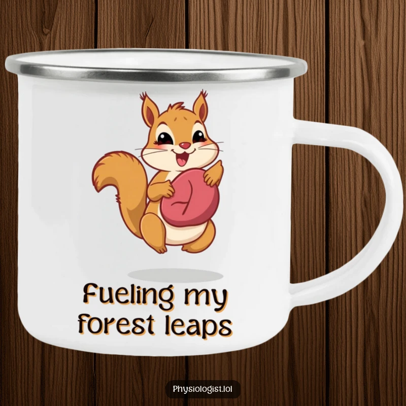 Funny liver health squirrel camping mug, with a jumping squirrel showing off a healthy liver, ideal for enjoying drinks during outdoor health journeys.
