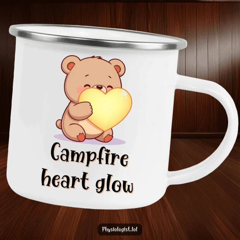 Funny happy bear camping mug, examining a glowing heart, a heartwarming companion for outdoor adventures.