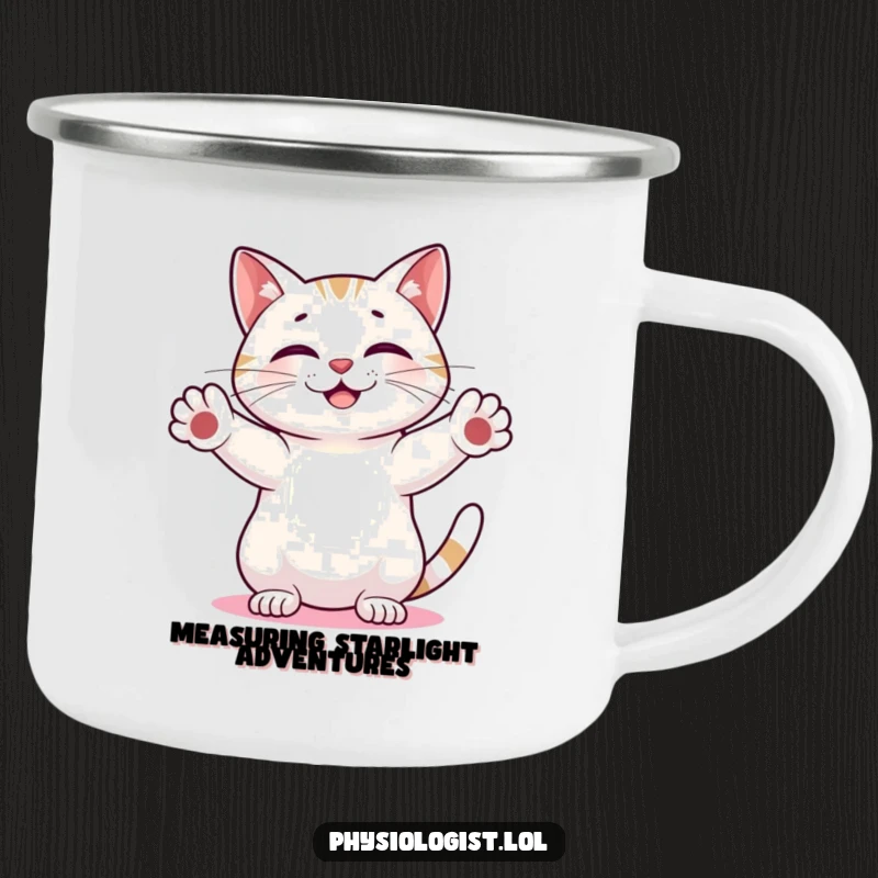 Funny Cat Campfire Mug: Humorous cat measuring an abstract shape, designed for outdoor use and adding laughter to camping trips.