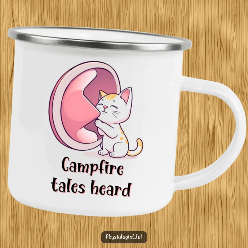 Funny camping mug, a playful cat with a giant lung, ideal for outdoor humor and beverages.