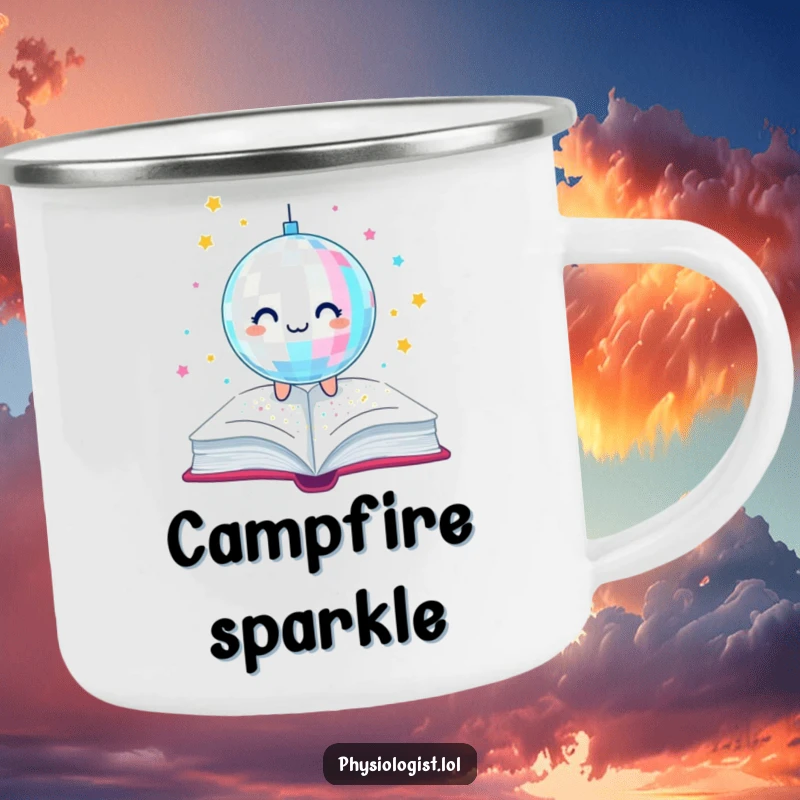 Funny camping mug featuring a disco ball showering glitter onto a book, ideal for enjoying beverages during outdoor reading sessions with a humorous twist.