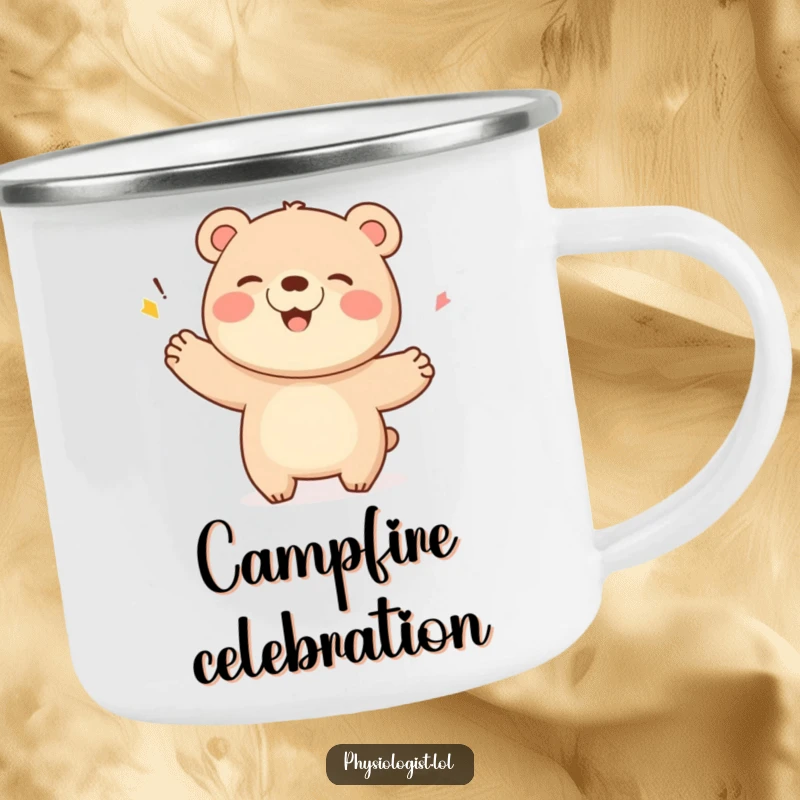 Funny Bear Camping Mug: A giggling bear celebrating a score with a flourish, perfect for enjoying drinks outdoors.