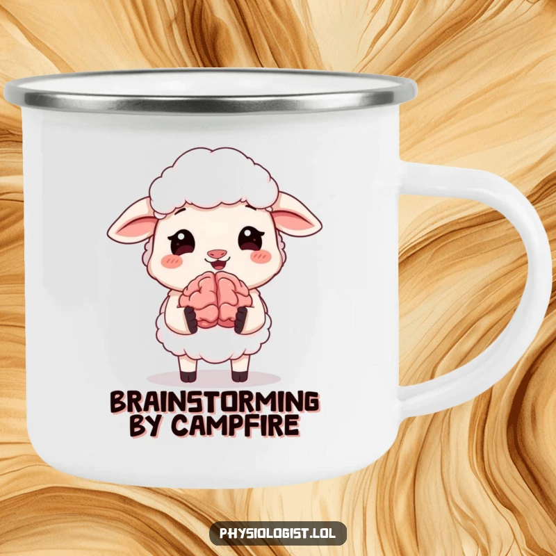 Funny camping mug with a giggling sheep holding a small animated brain. Perfect for outdoor enthusiasts who appreciate humor and a warm drink.