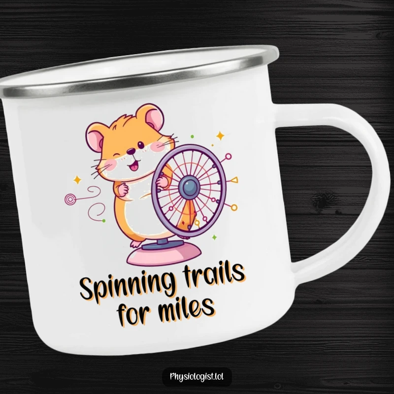 Funny Hamster Campfire Mug: Humorous hamster spinning a diagram wheel, designed for outdoor use and adding laughter to camping trips.